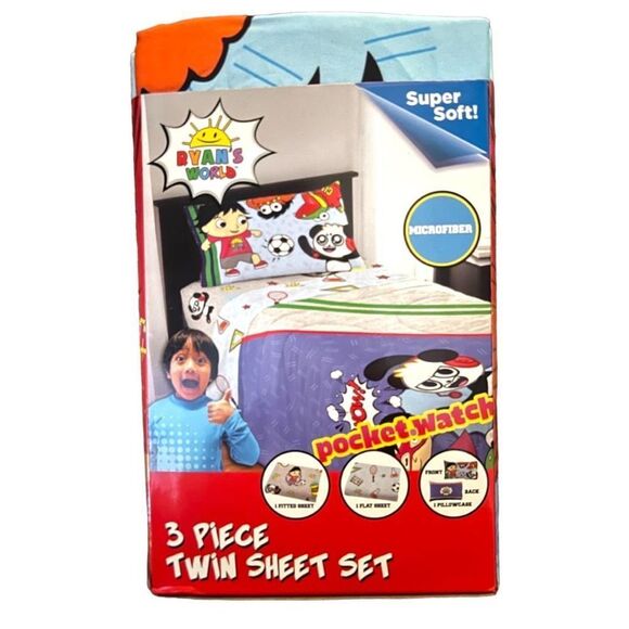 NEW Ryan's World Kids 3 Piece Twin Sheet Set Pocketwatch Soft  - Picture 3 of 10